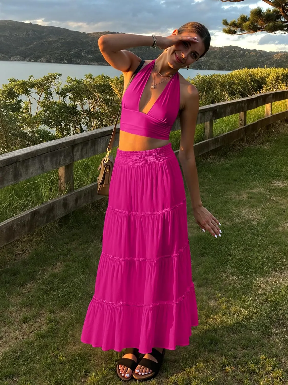Women’s Summer Boho Maxi Skirts Smocked High Wasited Flowy Tiered Ruffle A Line Long Beach Skirt