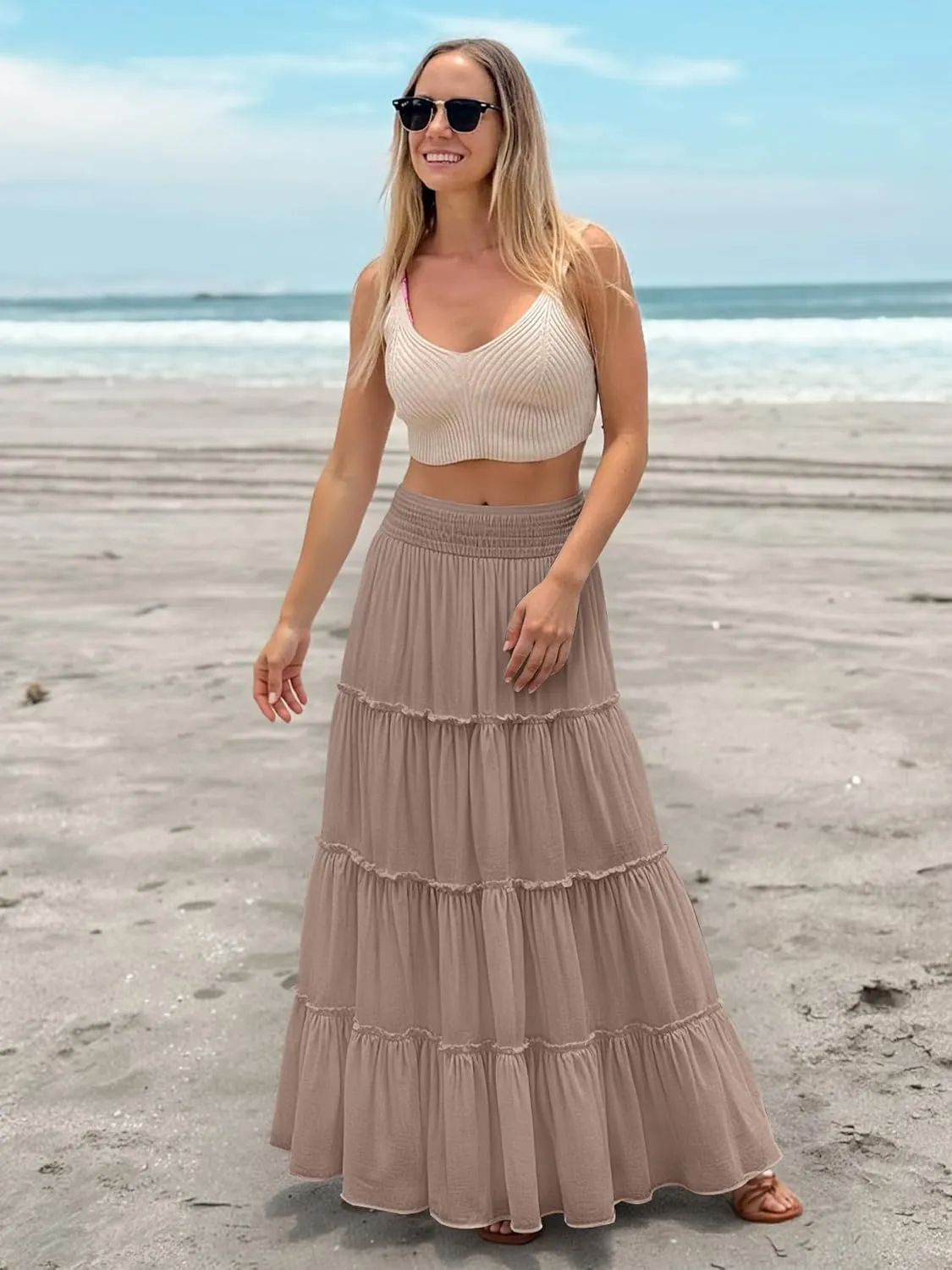 Women’s Summer Boho Maxi Skirts Smocked High Wasited Flowy Tiered Ruffle A Line Long Beach Skirt