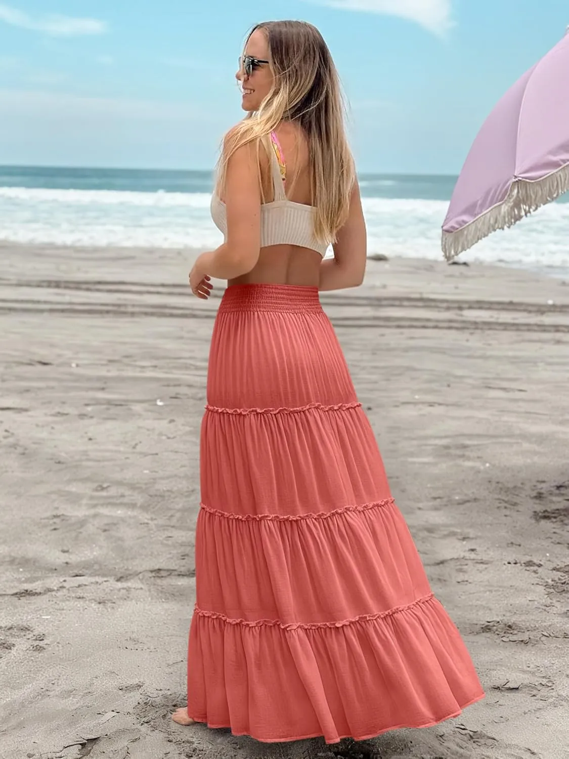 Women’s Summer Boho Maxi Skirts Smocked High Wasited Flowy Tiered Ruffle A Line Long Beach Skirt