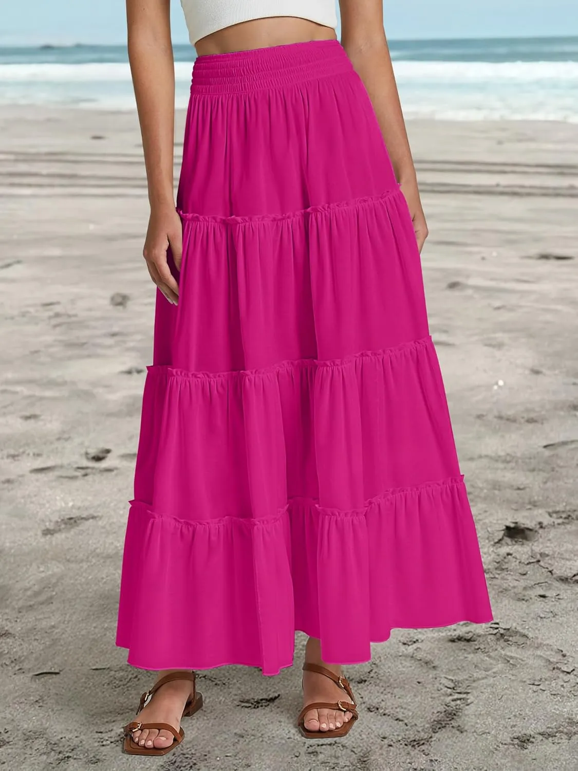 Women’s Summer Boho Maxi Skirts Smocked High Wasited Flowy Tiered Ruffle A Line Long Beach Skirt