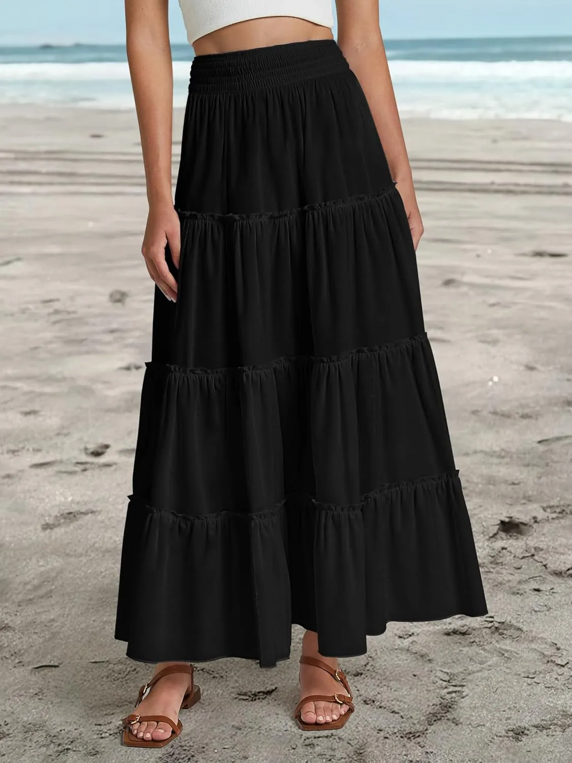 Women’s Summer Boho Maxi Skirts Smocked High Wasited Flowy Tiered Ruffle A Line Long Beach Skirt