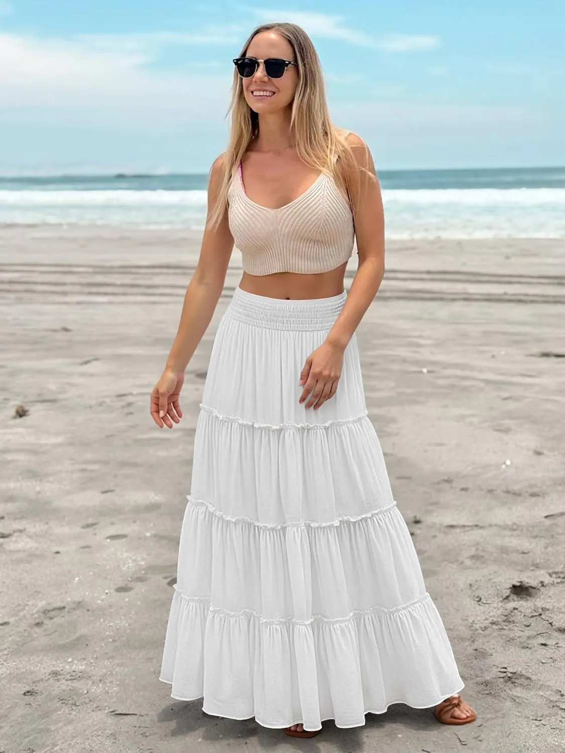 Women’s Summer Boho Maxi Skirts Smocked High Wasited Flowy Tiered Ruffle A Line Long Beach Skirt