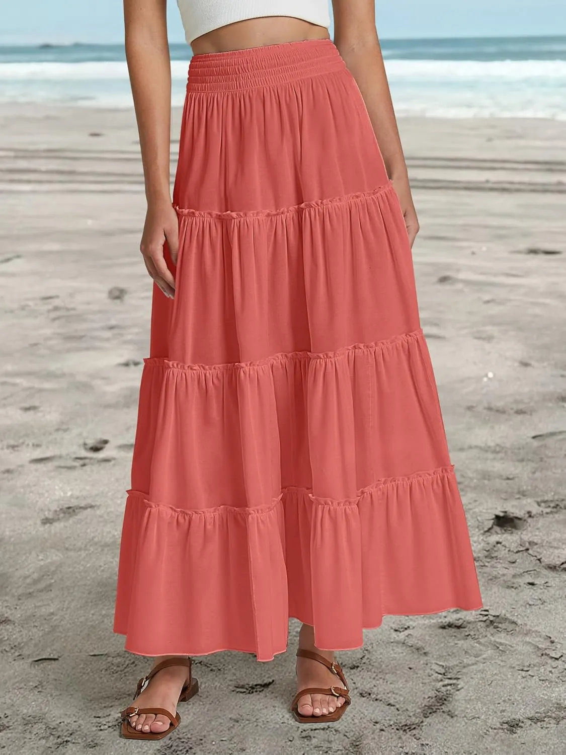 Women’s Summer Boho Maxi Skirts Smocked High Wasited Flowy Tiered Ruffle A Line Long Beach Skirt