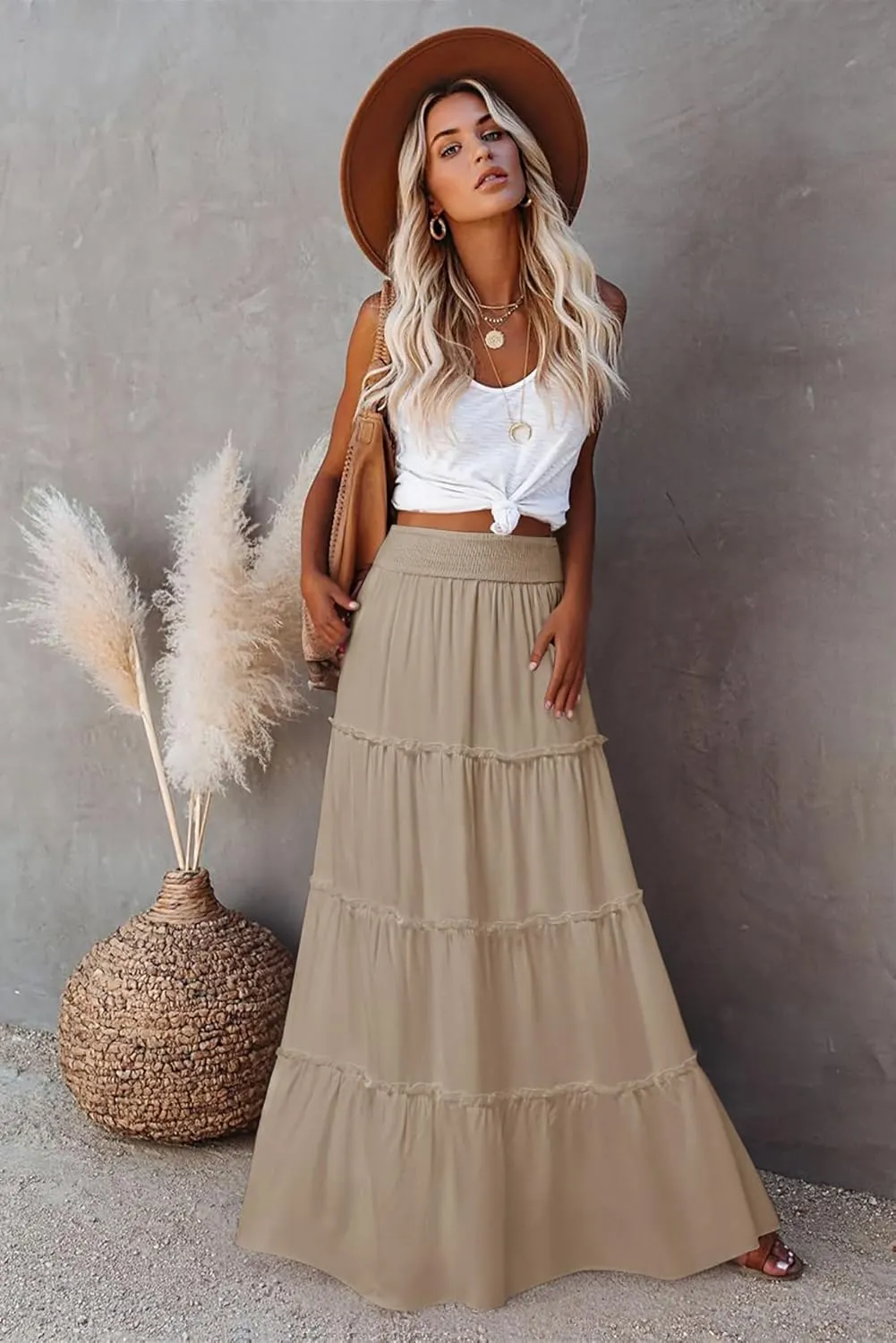 Women’s Summer Boho Maxi Skirts Smocked High Wasited Flowy Tiered Ruffle A Line Long Beach Skirt