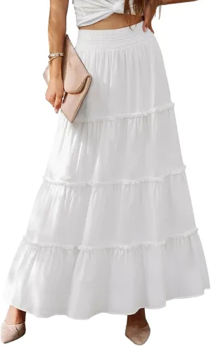 Women’s Summer Boho Maxi Skirts Smocked High Wasited Flowy Tiered Ruffle A Line Long Beach Skirt