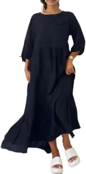 Women's Summer Cotton Linen Maxi Dress Flower Decor Round Neck 3/4 Sleeve Tiered Vacation Casual Flowy Dress