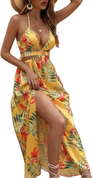 Women's Summer Dress Tie Back V Neck Floral Maxi Tropical Long Beach Vacation Side Slit