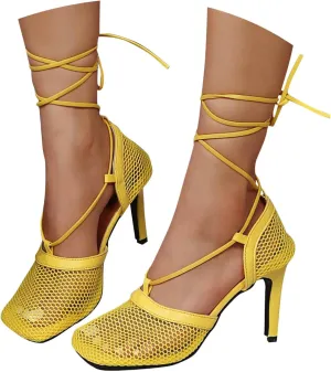 Women's Summer Fashion Lace Up Mesh Breathable Sandals 2025 Casual Closed Toe Solid Color Dress Wide Widths Ankle Strap Stiletto Sandal Beach Vacation Travel Comfortable Walking Footwear