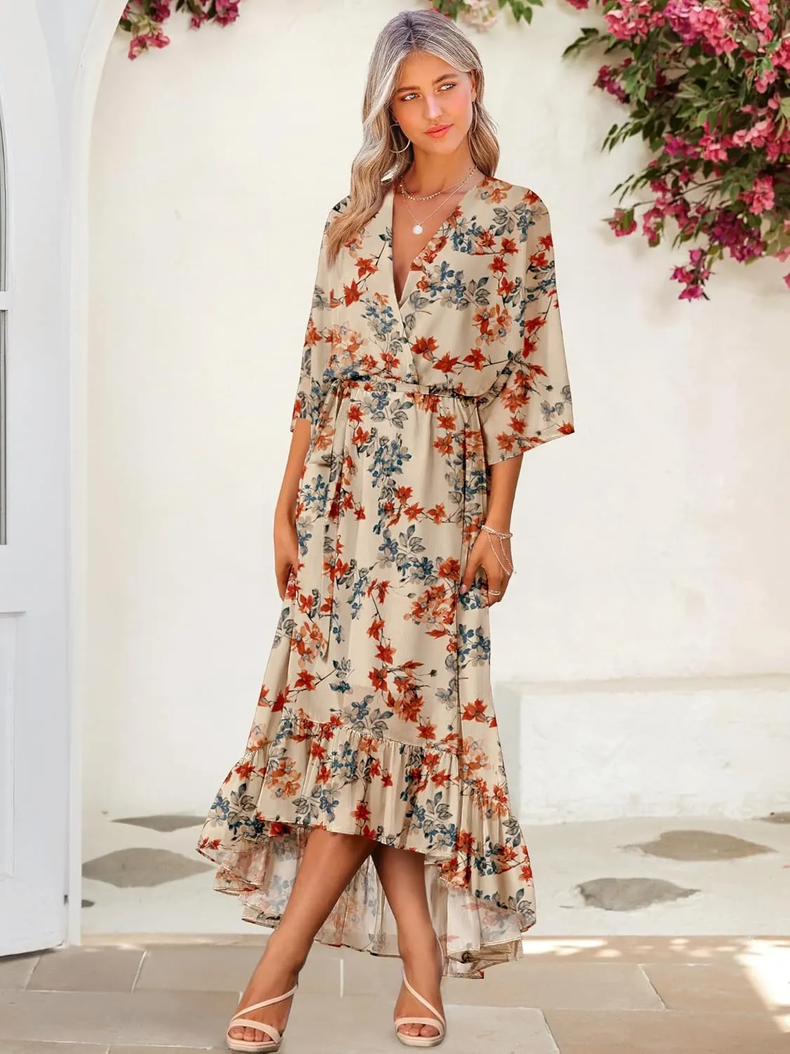 Women's Summer Floral Boho Dress 3/4 Sleeve Wrap V Neck Flowy Casual Loose Wedding Guest Long Maxi Ruffle Dresses