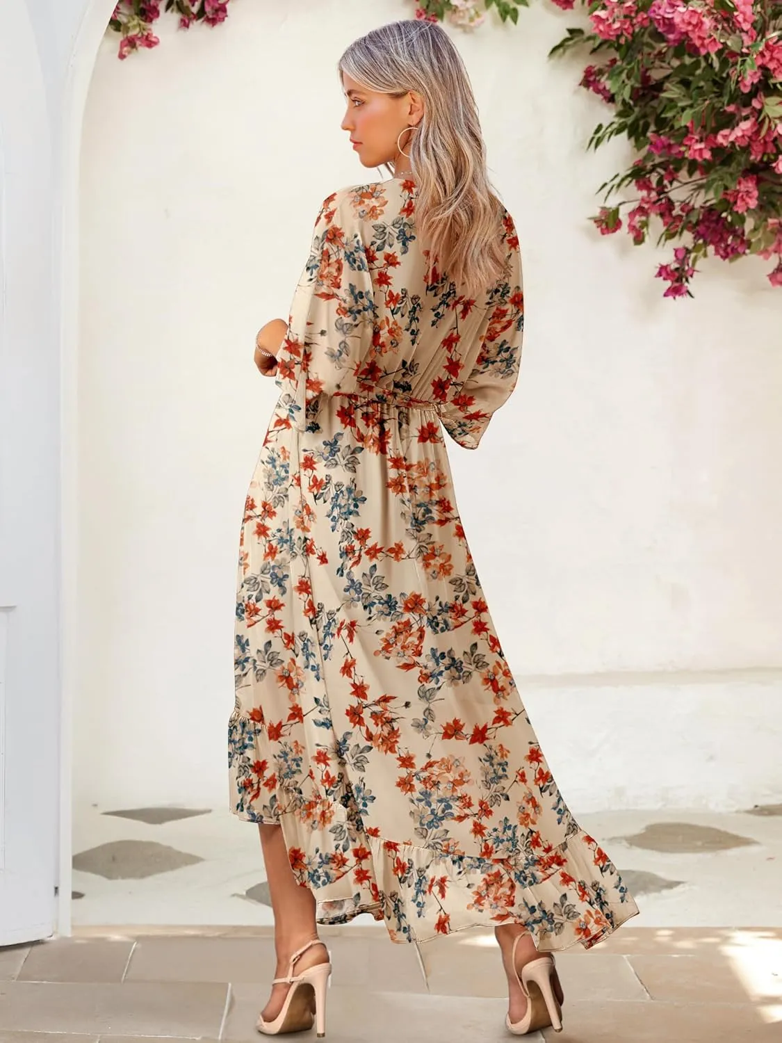 Women's Summer Floral Boho Dress 3/4 Sleeve Wrap V Neck Flowy Casual Loose Wedding Guest Long Maxi Ruffle Dresses