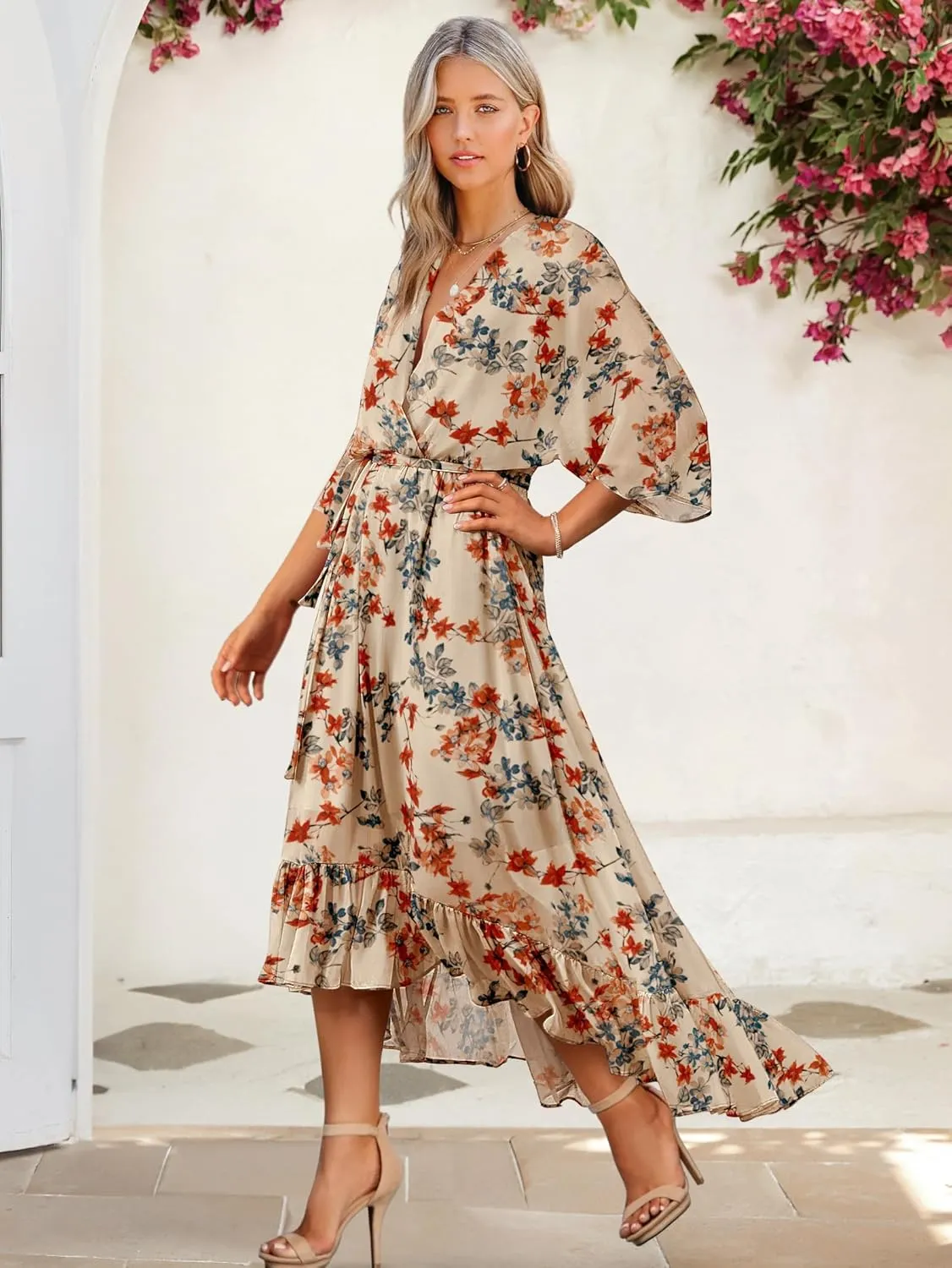 Women's Summer Floral Boho Dress 3/4 Sleeve Wrap V Neck Flowy Casual Loose Wedding Guest Long Maxi Ruffle Dresses