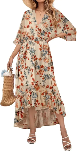 Women's Summer Floral Boho Dress 3/4 Sleeve Wrap V Neck Flowy Casual Loose Wedding Guest Long Maxi Ruffle Dresses
