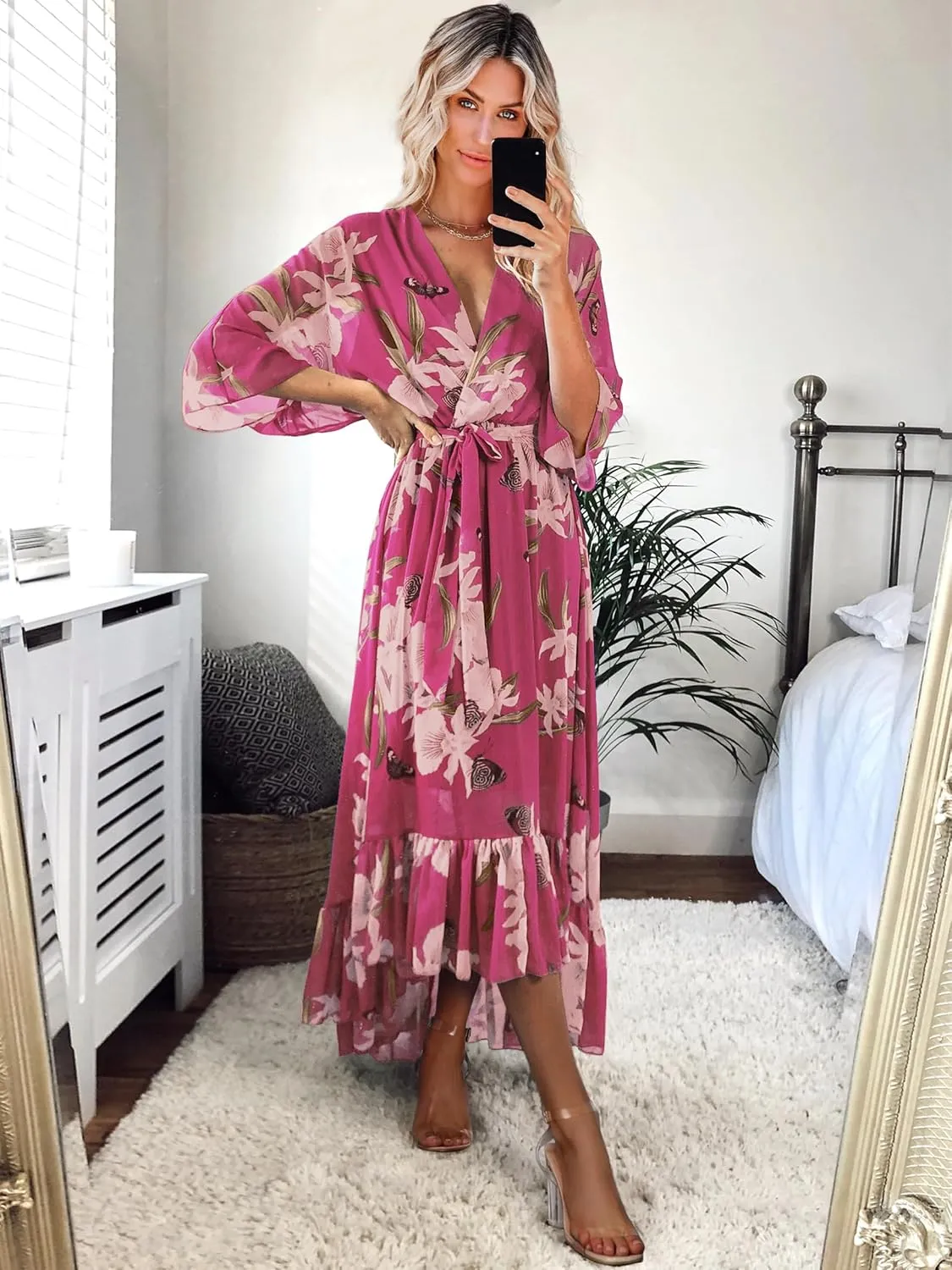 Women's Summer Floral Boho Dress 3/4 Sleeve Wrap V Neck Flowy Casual Loose Wedding Guest Long Maxi Ruffle Dresses