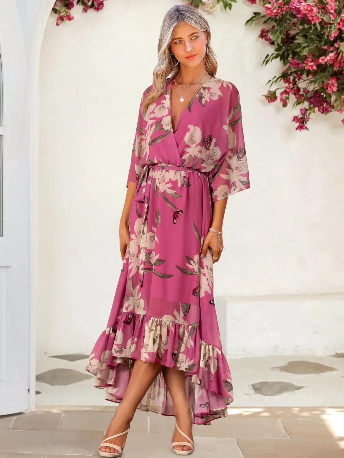Women's Summer Floral Boho Dress 3/4 Sleeve Wrap V Neck Flowy Casual Loose Wedding Guest Long Maxi Ruffle Dresses