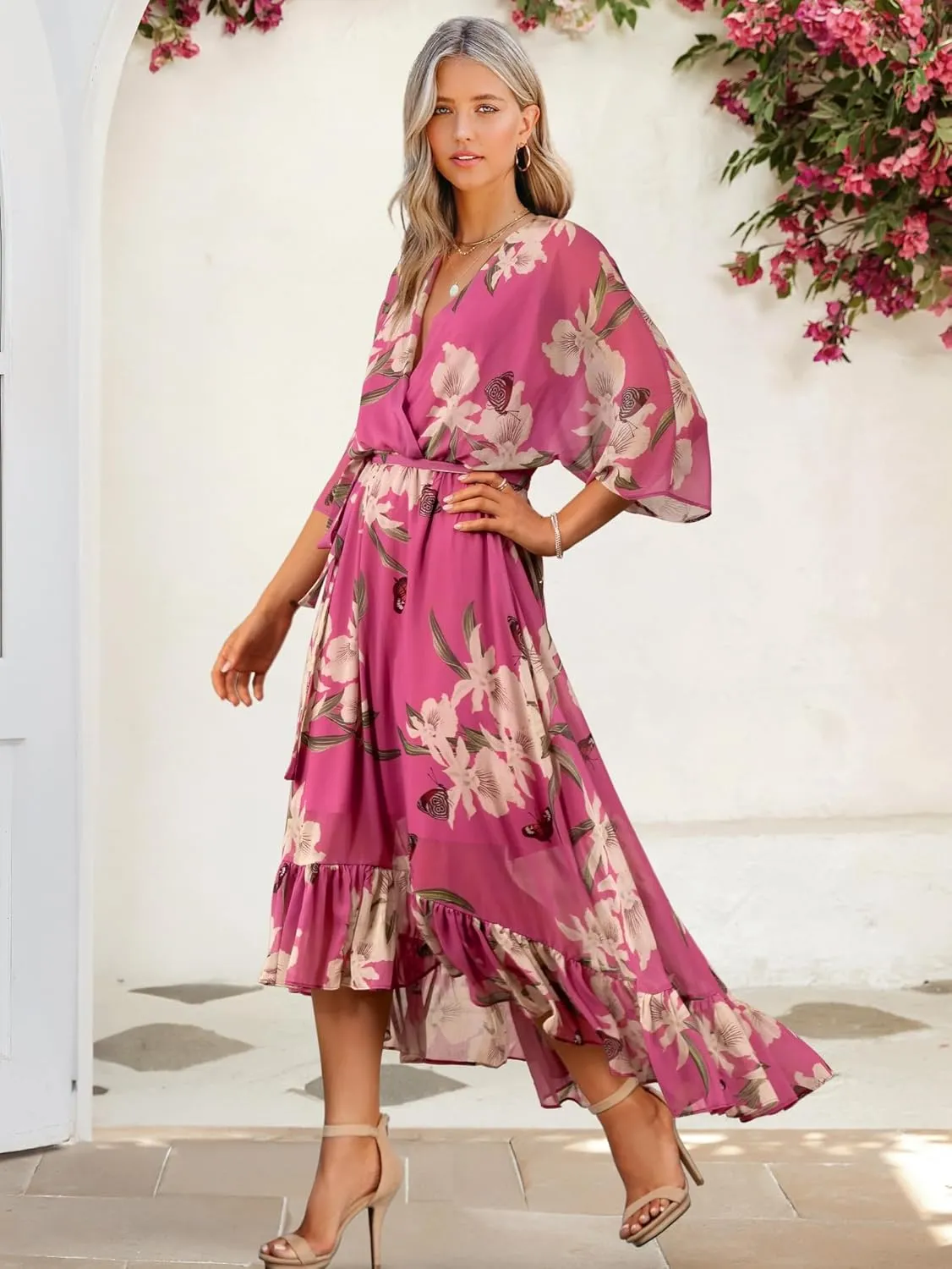 Women's Summer Floral Boho Dress 3/4 Sleeve Wrap V Neck Flowy Casual Loose Wedding Guest Long Maxi Ruffle Dresses