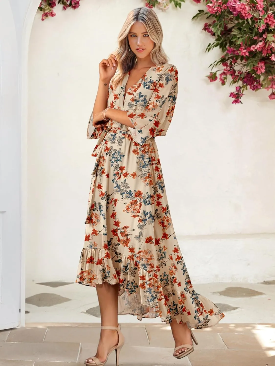 Women's Summer Floral Boho Dress 3/4 Sleeve Wrap V Neck Flowy Casual Loose Wedding Guest Long Maxi Ruffle Dresses