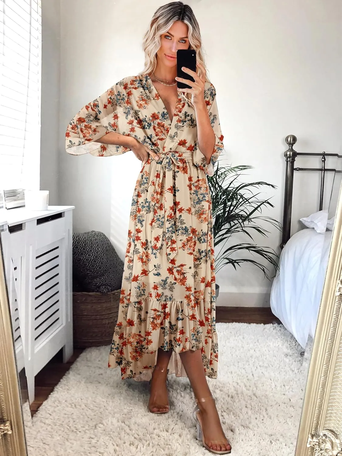 Women's Summer Floral Boho Dress 3/4 Sleeve Wrap V Neck Flowy Casual Loose Wedding Guest Long Maxi Ruffle Dresses