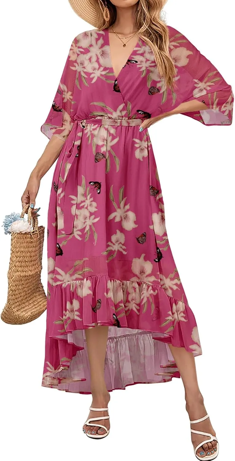 Women's Summer Floral Boho Dress 3/4 Sleeve Wrap V Neck Flowy Casual Loose Wedding Guest Long Maxi Ruffle Dresses