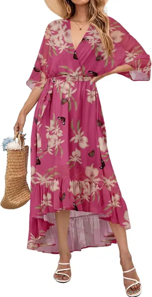 Women's Summer Floral Boho Dress 3/4 Sleeve Wrap V Neck Flowy Casual Loose Wedding Guest Long Maxi Ruffle Dresses
