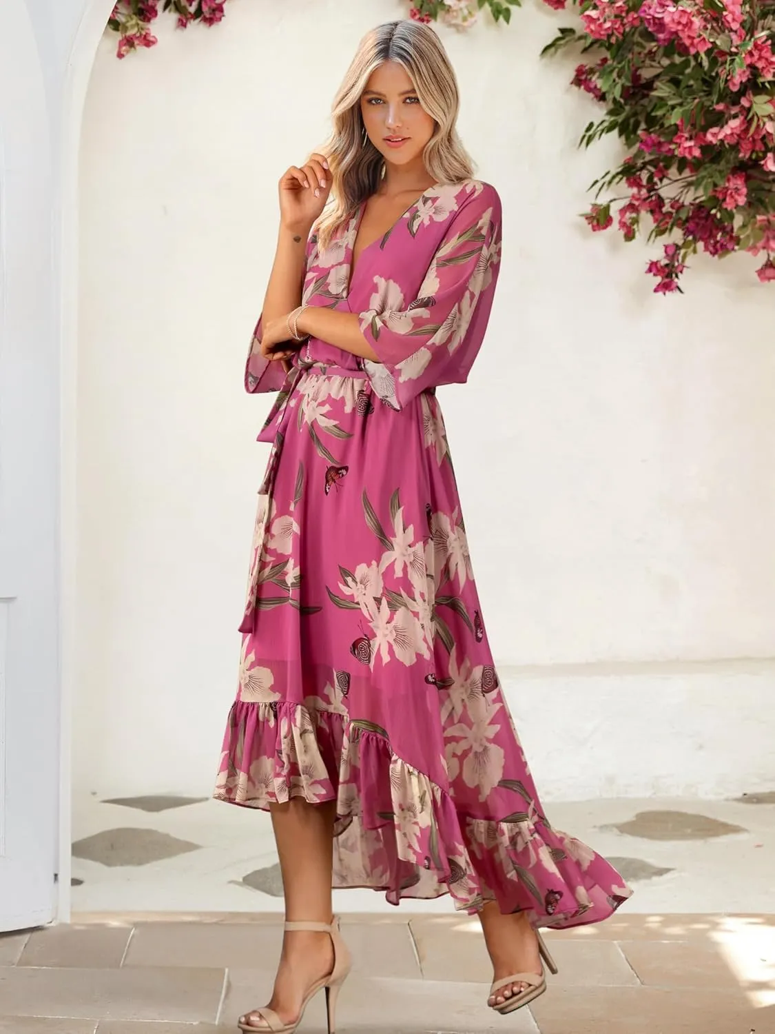 Women's Summer Floral Boho Dress 3/4 Sleeve Wrap V Neck Flowy Casual Loose Wedding Guest Long Maxi Ruffle Dresses