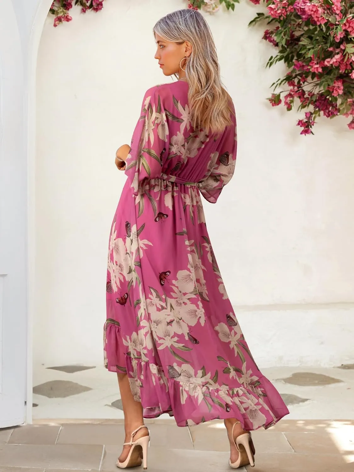 Women's Summer Floral Boho Dress 3/4 Sleeve Wrap V Neck Flowy Casual Loose Wedding Guest Long Maxi Ruffle Dresses
