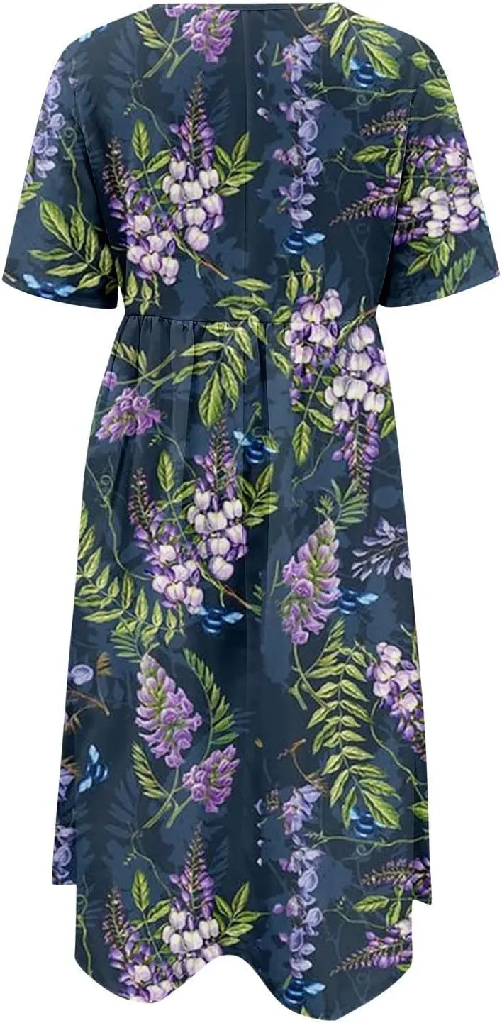 Women's Summer Floral Maxi Dress Trendy Graphic Print Short Sleeve Crewneck Dress Ruffle Swing Beach Long Dresses