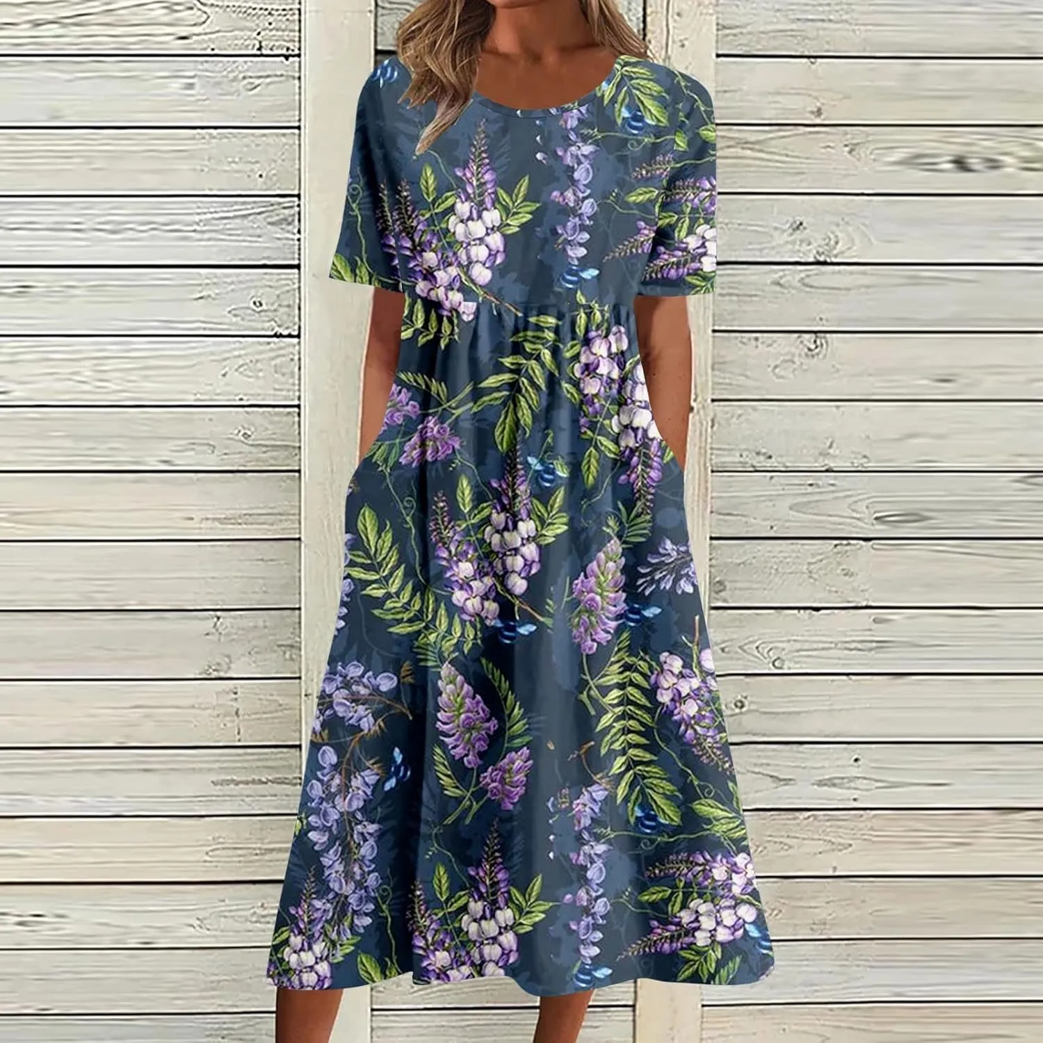 Women's Summer Floral Maxi Dress Trendy Graphic Print Short Sleeve Crewneck Dress Ruffle Swing Beach Long Dresses