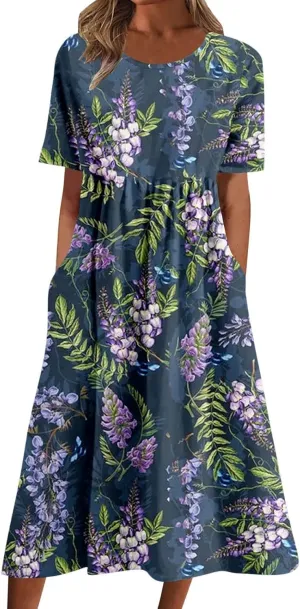Women's Summer Floral Maxi Dress Trendy Graphic Print Short Sleeve Crewneck Dress Ruffle Swing Beach Long Dresses