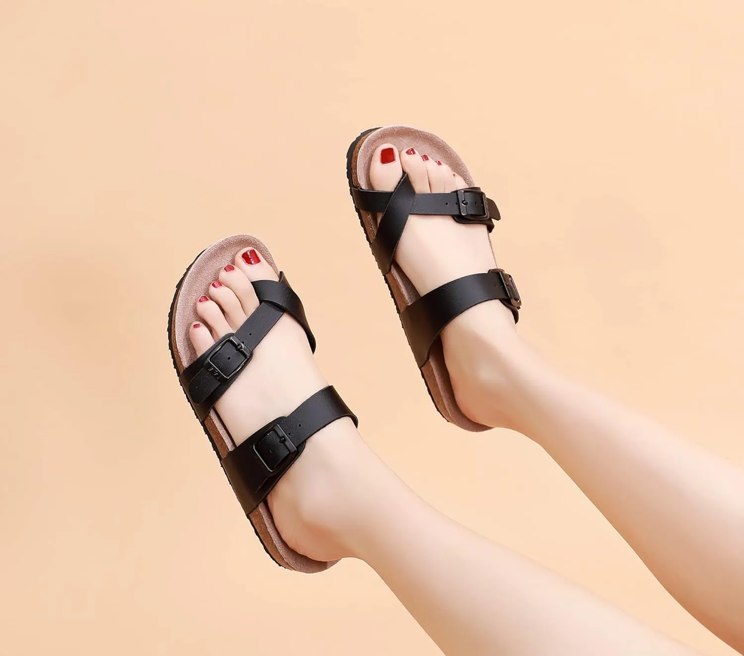 Women's Summer Sandals with Cork Footbed & Adjustable Buckle Suede Straps Open Toe Slides for Beach Vacation