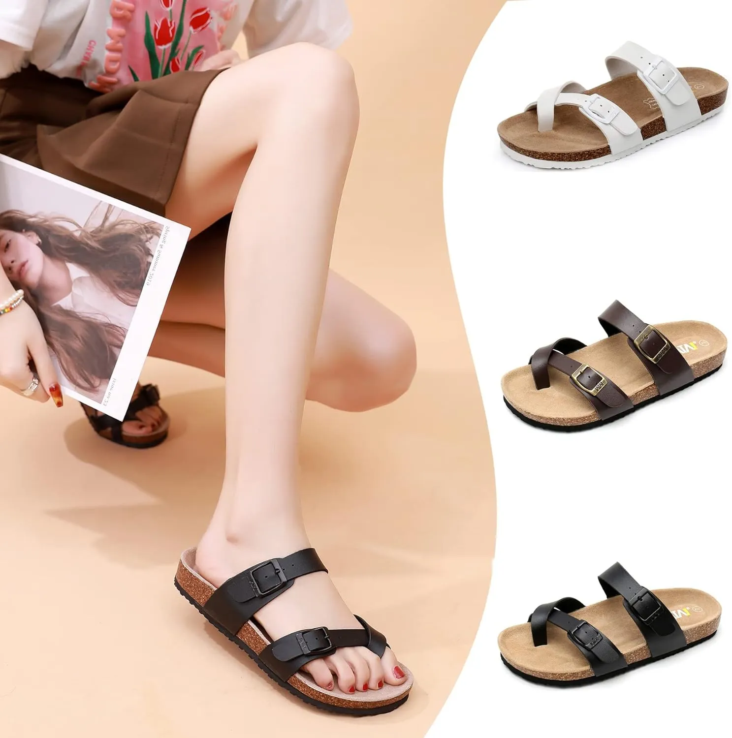 Women's Summer Sandals with Cork Footbed & Adjustable Buckle Suede Straps Open Toe Slides for Beach Vacation