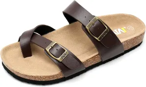 Women's Summer Sandals with Cork Footbed & Adjustable Buckle Suede Straps Open Toe Slides for Beach Vacation