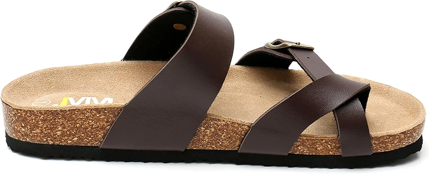 Women's Summer Sandals with Cork Footbed & Adjustable Buckle Suede Straps Open Toe Slides for Beach Vacation