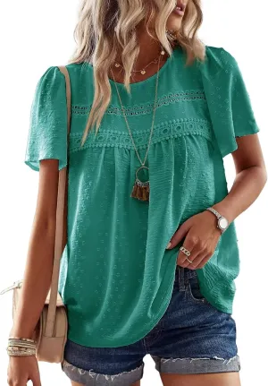 Womens Summer Tops Crewneck Short Sleeve Shirts Casual Chiffon Blouses Flowy Lace Hem Boho Clothing Trendy 2025