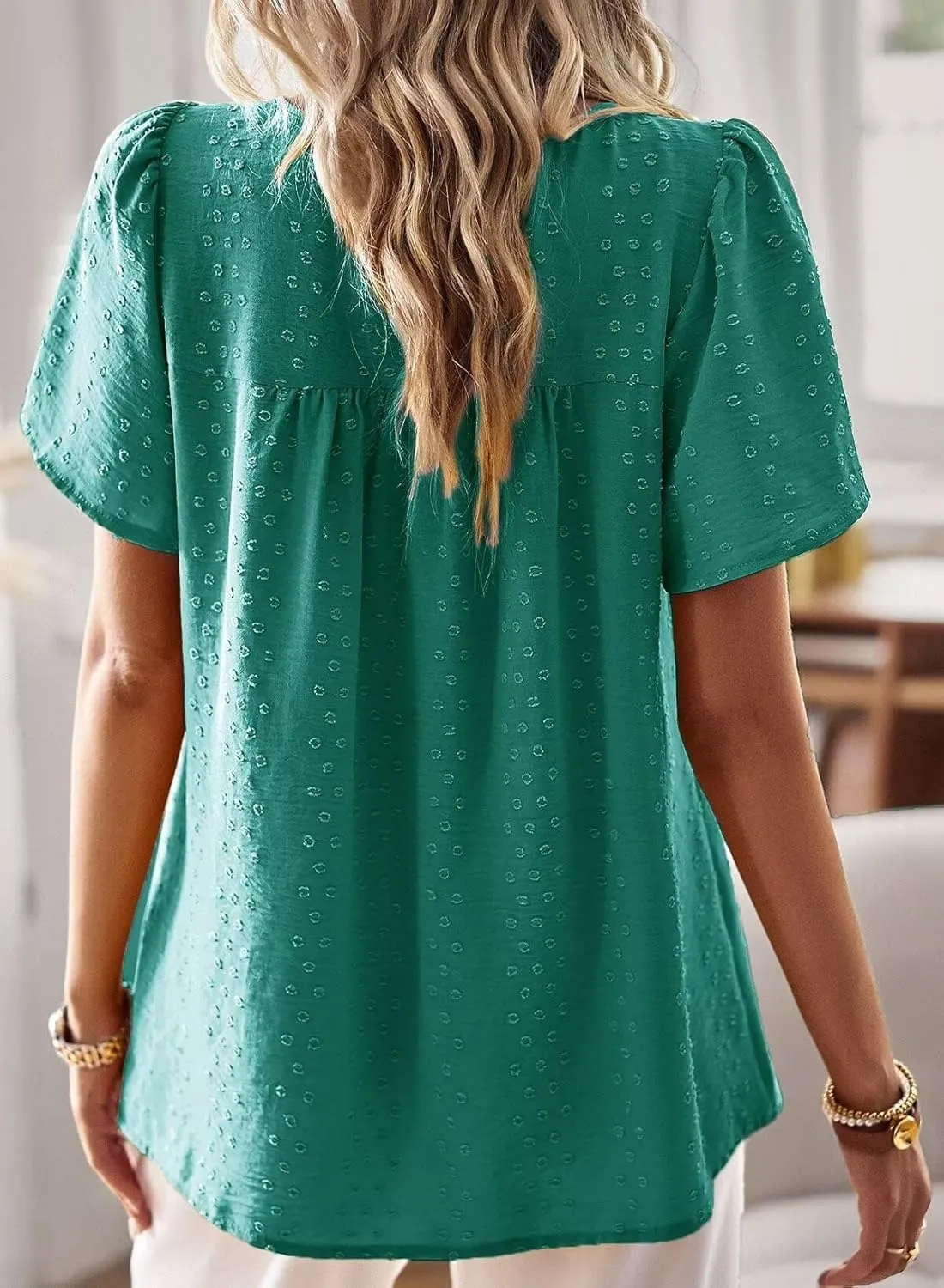 Womens Summer Tops Crewneck Short Sleeve Shirts Casual Chiffon Blouses Flowy Lace Hem Boho Clothing Trendy 2025