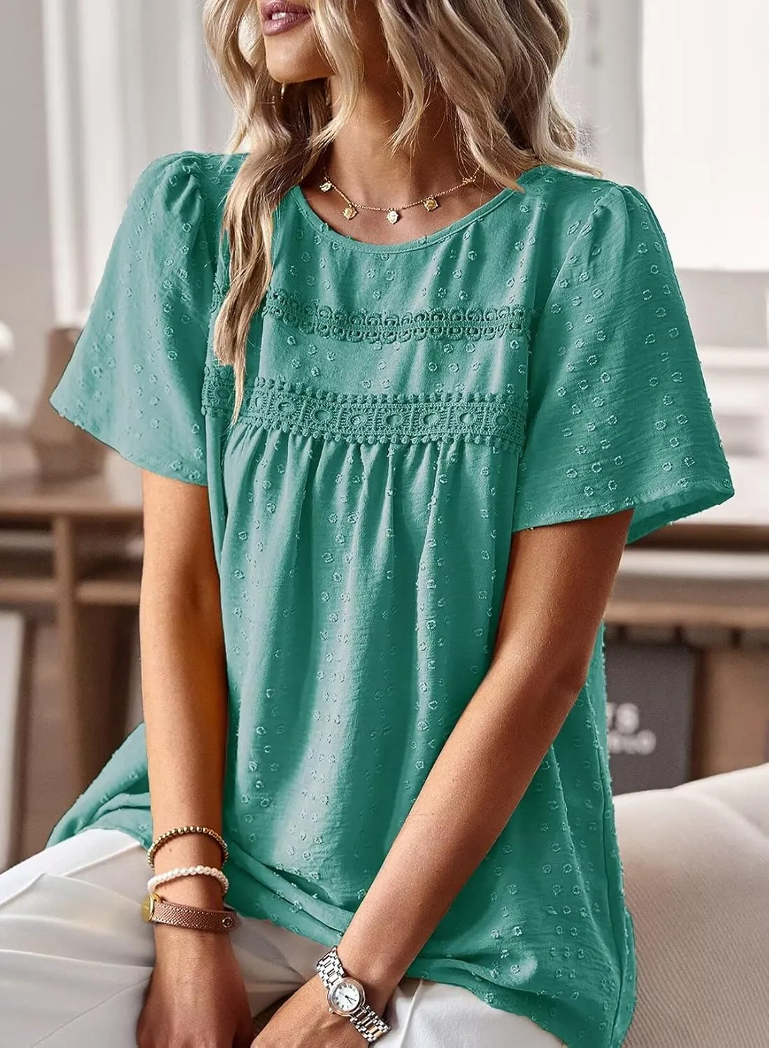 Womens Summer Tops Crewneck Short Sleeve Shirts Casual Chiffon Blouses Flowy Lace Hem Boho Clothing Trendy 2025