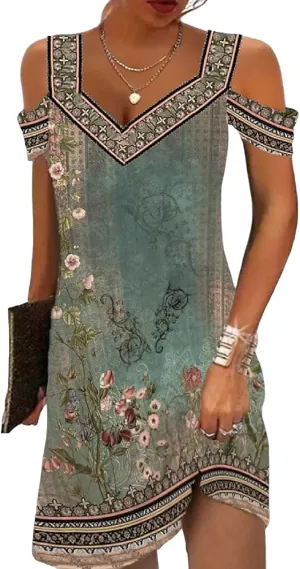 Womens Summer Vintage Stylish Cold Shoulder Mini Dresses 2025 Boho Fancy Trim Watercolor Print V Neck Shift Dress