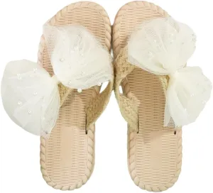 Women's Summer Woven Slide Sandals with Sweet White Mesh Bowknot Soft Slip On Clip Toe Dressy Thongs Shoes Casual Flat Sandals for Summer Vacation Daily Wear