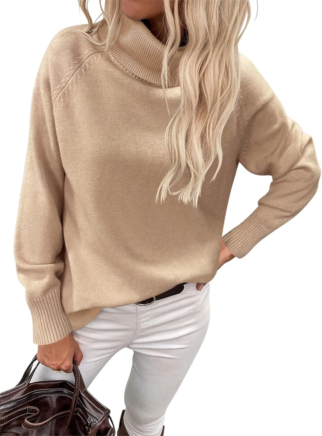 Womens Turtleneck Sweater Long Sleeve Knitted Soft Pullovers Top Rib Hem Oversized Fall Winter Top 2024 Trendy