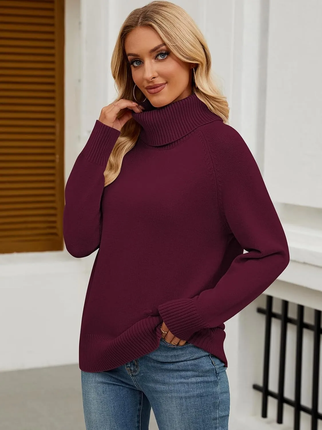 Womens Turtleneck Sweater Long Sleeve Knitted Soft Pullovers Top Rib Hem Oversized Fall Winter Top 2024 Trendy