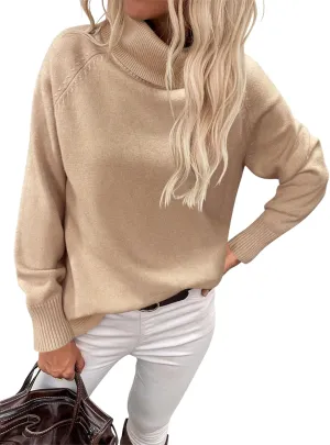 Womens Turtleneck Sweater Long Sleeve Knitted Soft Pullovers Top Rib Hem Oversized Fall Winter Top 2024 Trendy