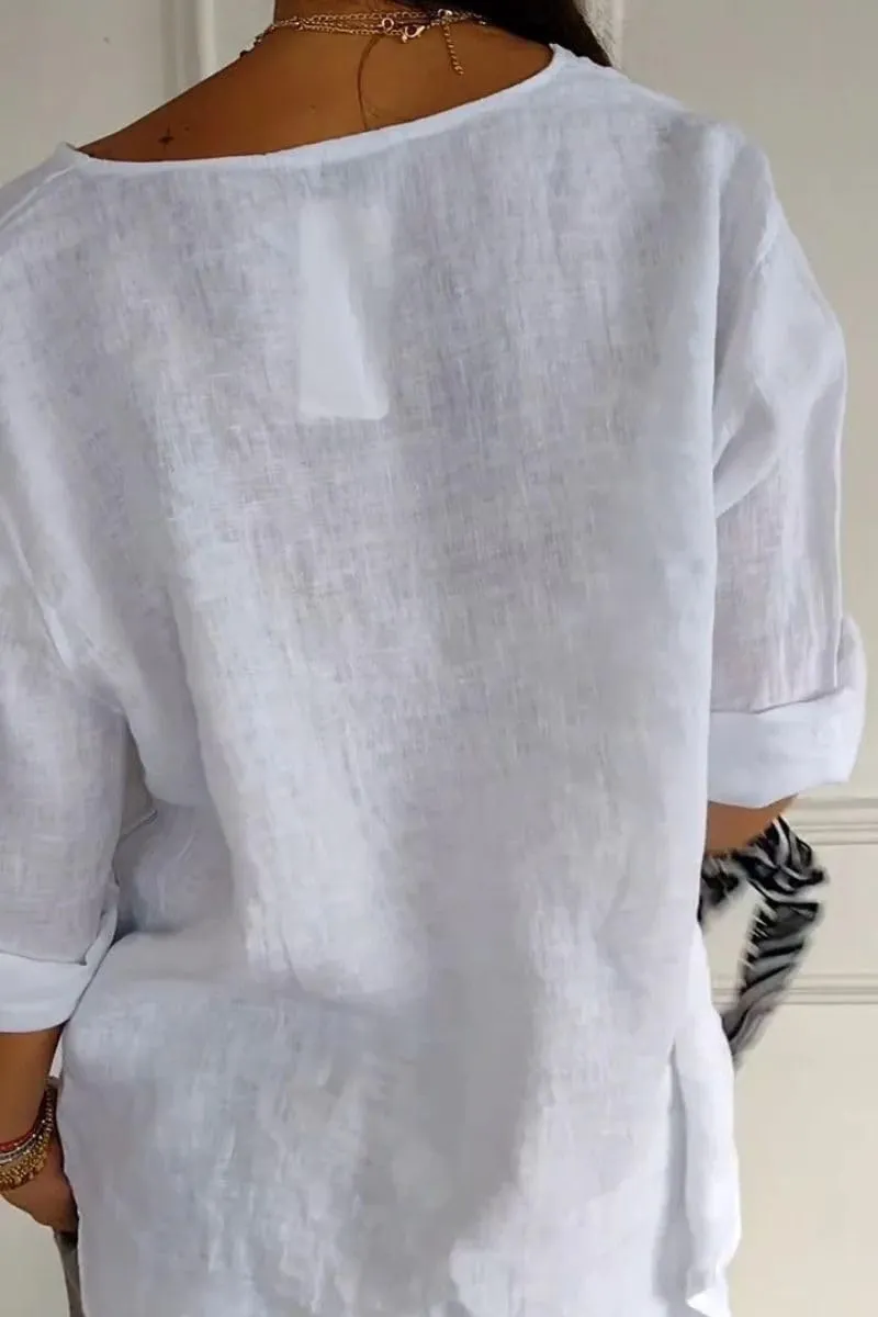 Women's V-Neck Cotton Linen Shirt Top 3/4 Roll-Up Sleeve Summer Casual Loose Solid Blouses Tunic Tops with Button