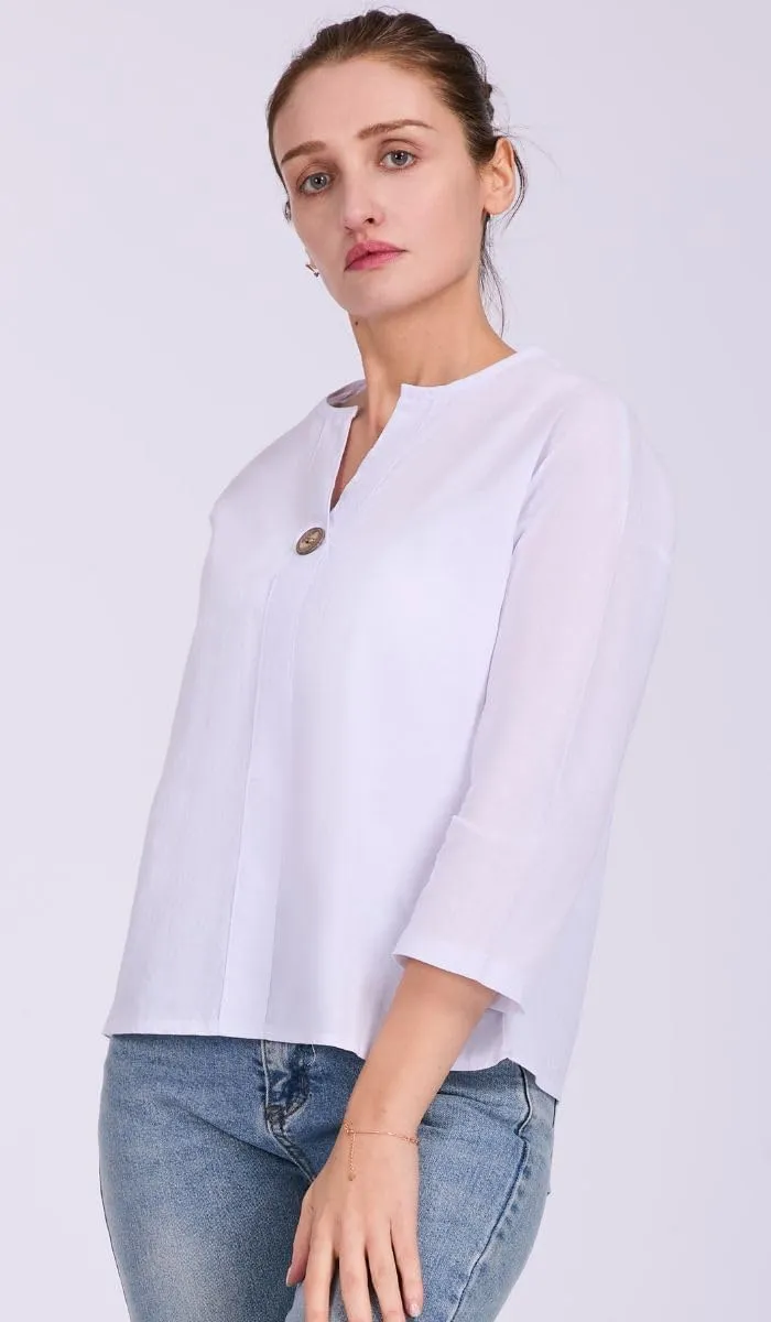 Women's V-Neck Cotton Linen Shirt Top 3/4 Roll-Up Sleeve Summer Casual Loose Solid Blouses Tunic Tops with Button