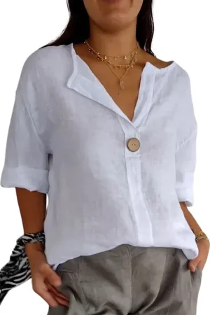 Women's V-Neck Cotton Linen Shirt Top 3/4 Roll-Up Sleeve Summer Casual Loose Solid Blouses Tunic Tops with Button