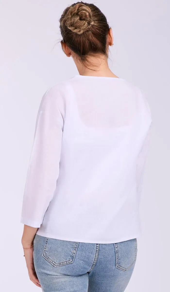 Women's V-Neck Cotton Linen Shirt Top 3/4 Roll-Up Sleeve Summer Casual Loose Solid Blouses Tunic Tops with Button