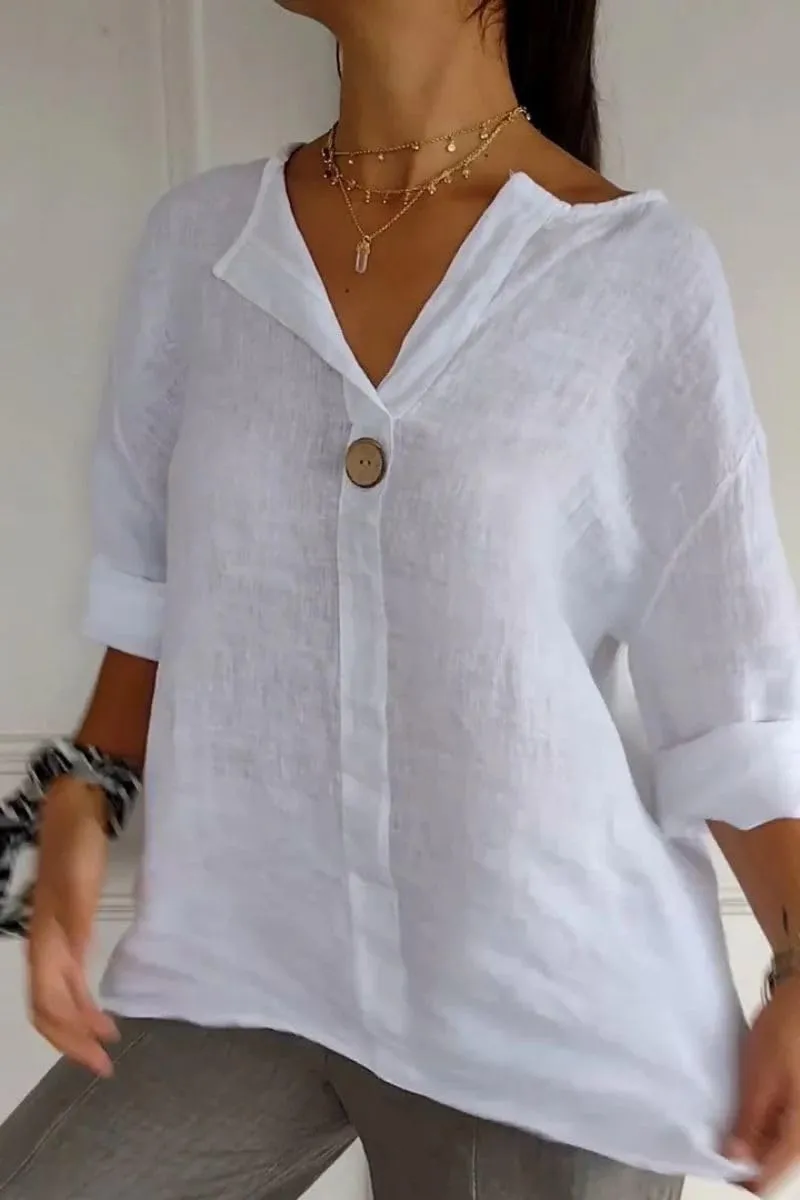 Women's V-Neck Cotton Linen Shirt Top 3/4 Roll-Up Sleeve Summer Casual Loose Solid Blouses Tunic Tops with Button