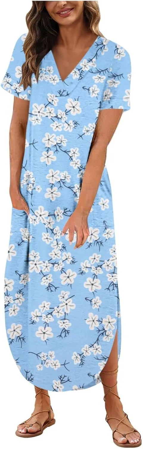 Womens Vintage Boho Sundress Casual V-Neck Short Sleeve Spring Summer Dresses Floral Printed Fashion Midi Dress