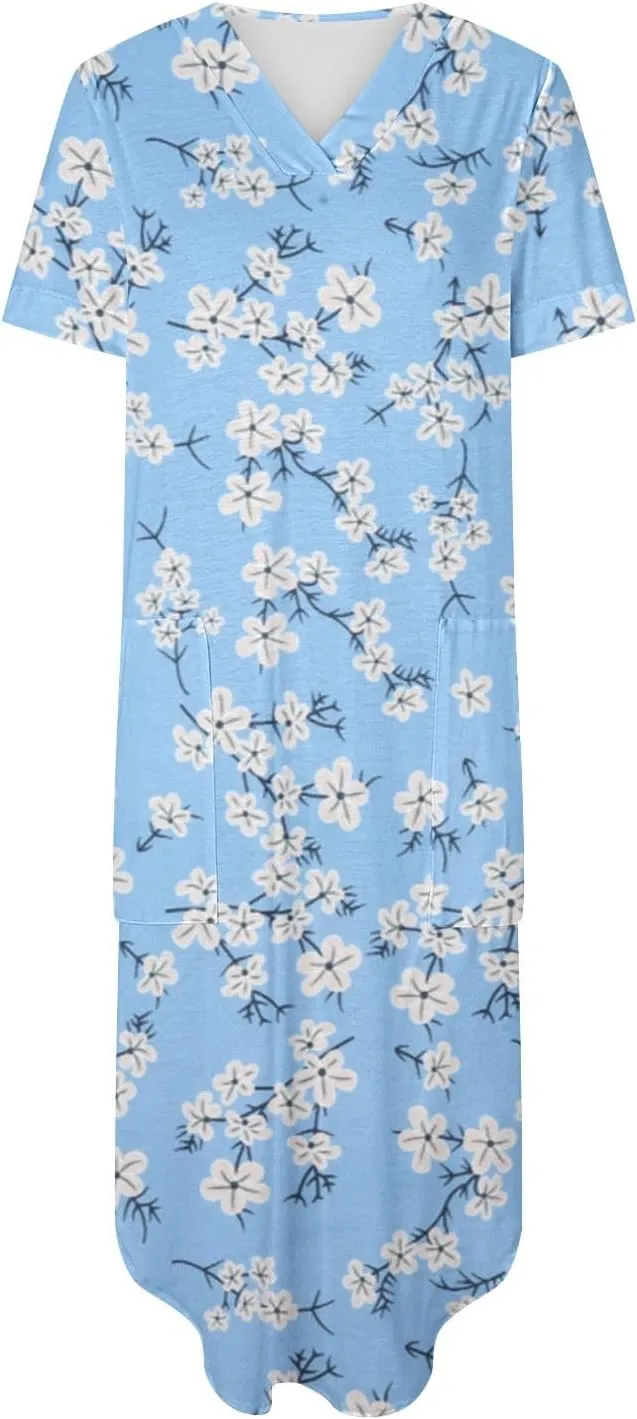 Womens Vintage Boho Sundress Casual V-Neck Short Sleeve Spring Summer Dresses Floral Printed Fashion Midi Dress