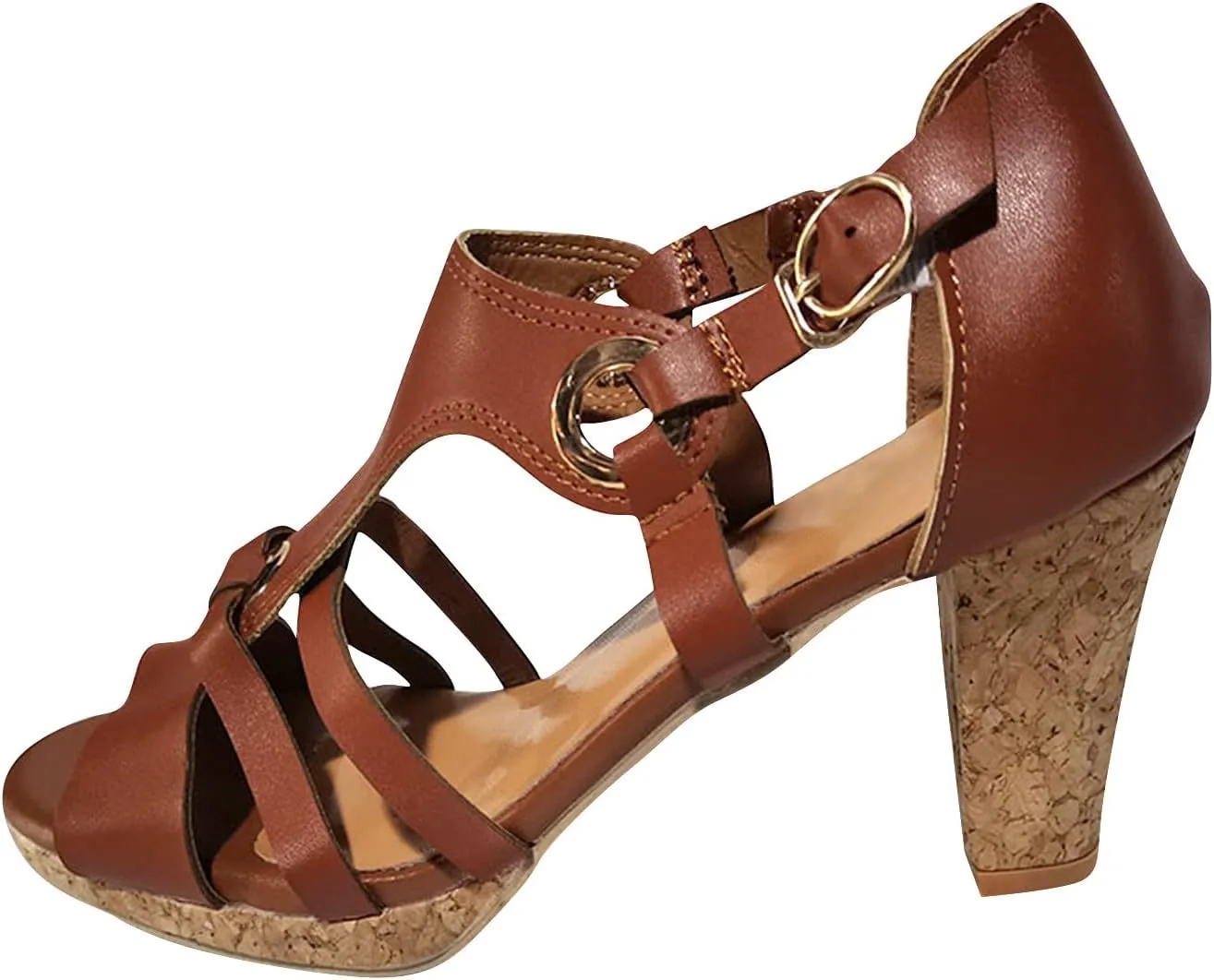 Womens Vintage Thick Heel Sandals Summer Straps Hollow Open Toe Metal Buckle High Heels Sandalias Comfortable Casual Ladies Outdoor Shoes