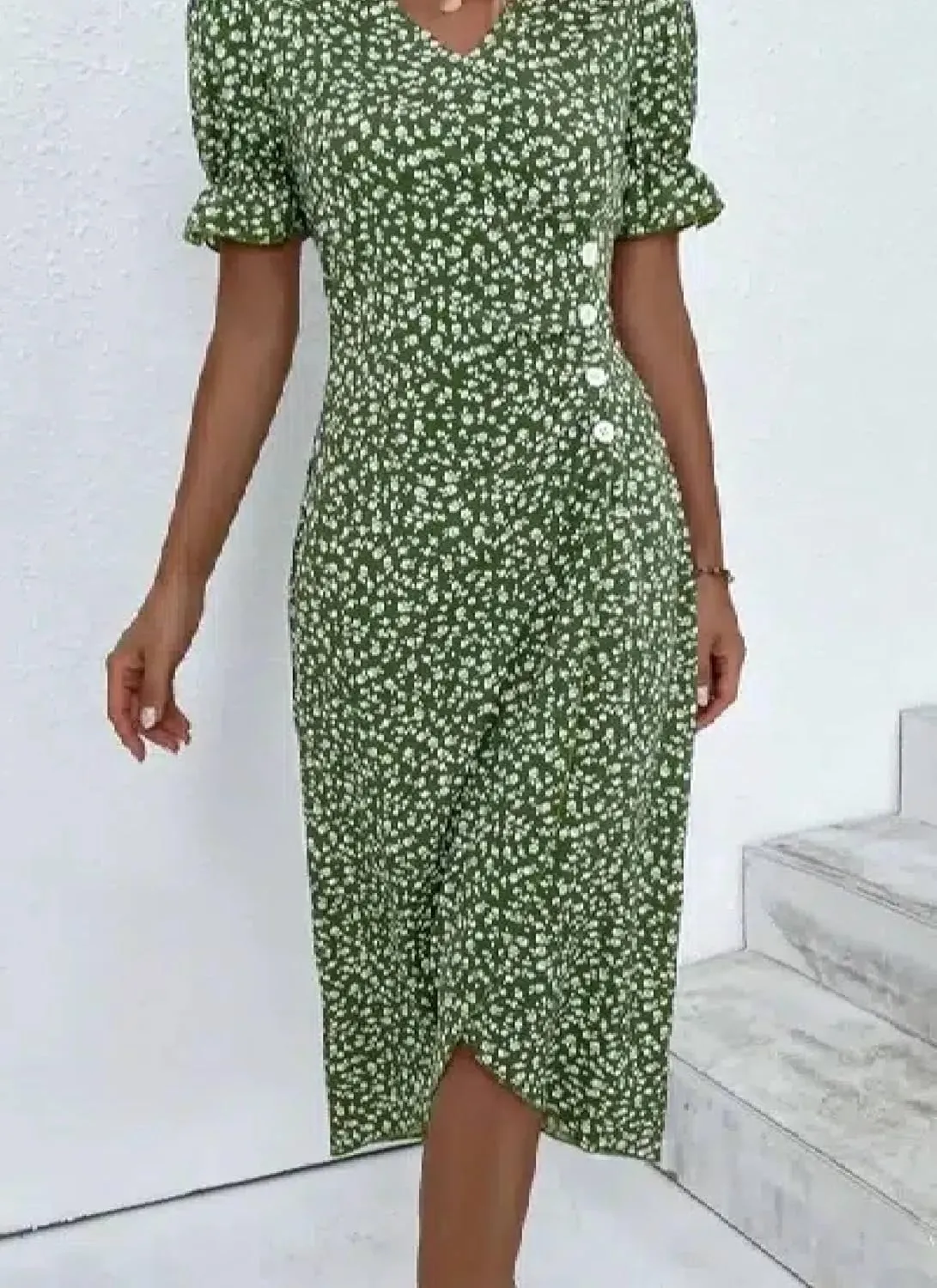 Women's Vintage V Neck A Line Front Button Green Floral Print Short Sleeve Midi Dress 2025 Summer Casual Elegant Dress