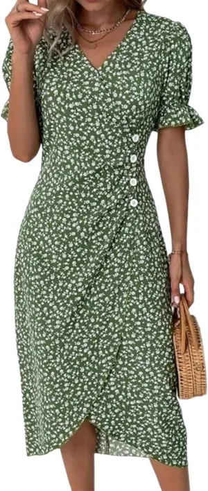 Women's Vintage V Neck A Line Front Button Green Floral Print Short Sleeve Midi Dress 2025 Summer Casual Elegant Dress